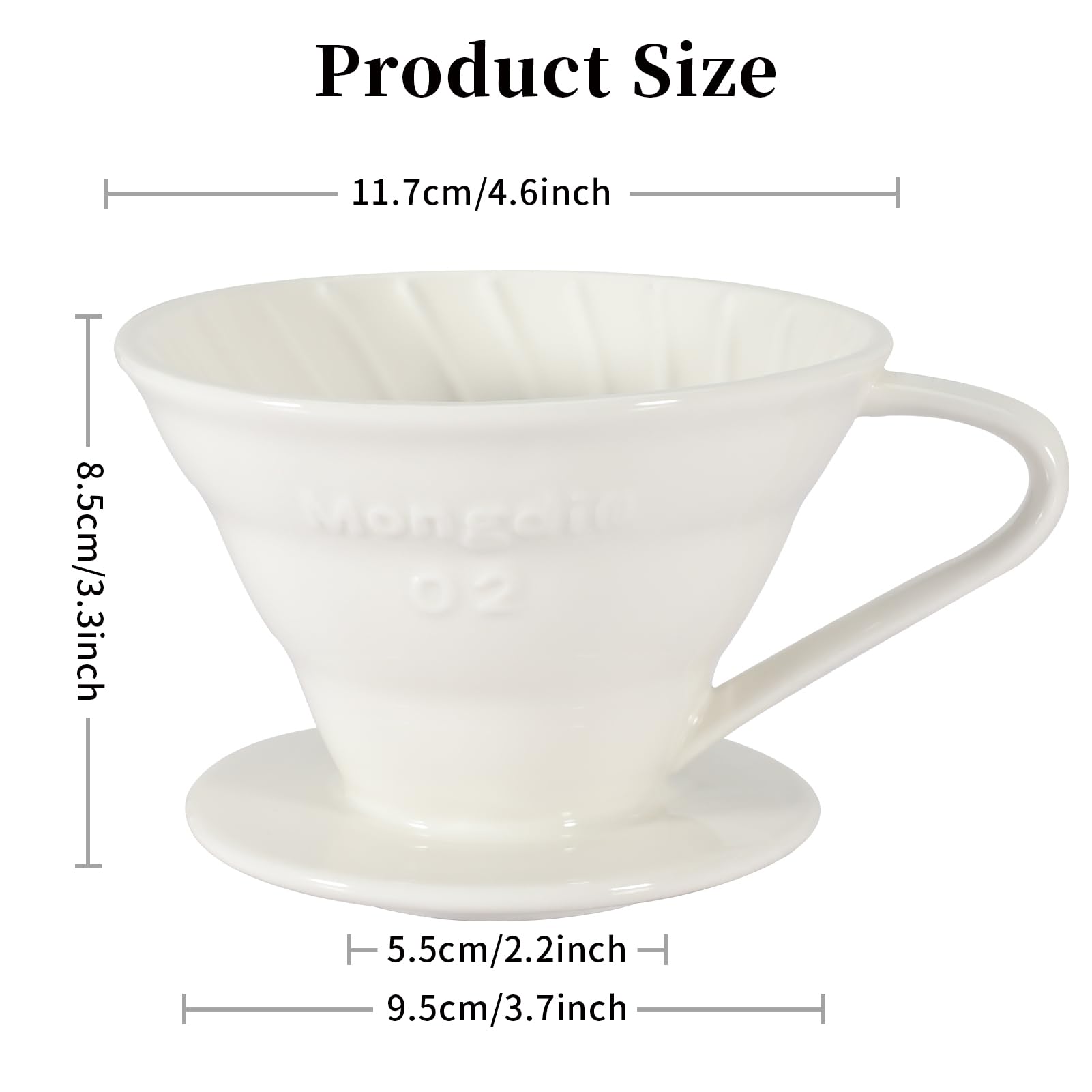 Mongdio V60 Ceramic Pour Over Coffee Dripper, Reusable Porcelain Portable Pour Over Coffee Maker, Slow Brewing Accessories with 1 Holes for Home - Size 02 White