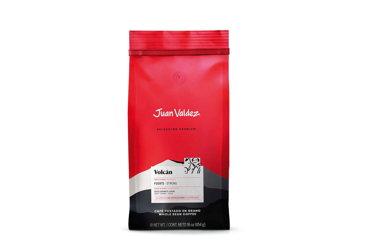 Juan Valdez Volcan Kaffeebohnen, 16 oz, Premium-Linie, starker kolumbianischer Kaffee mit harmonischer, subtiler Säure, Noten von süßem Karamell und einem Abgang aus dunkler Schokolade, zertifiziert human, Regenwald, Halal, koscher, BASC, OEA