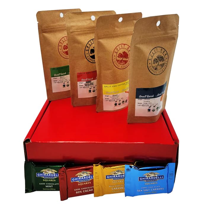 Split Oak Coffee Gift Set - 4 Medium Roast Coffees whole beans varieties: Peru, Brazil, Guatemala, Ethiopia and 4 Assorted Delicious Chocolate Squares