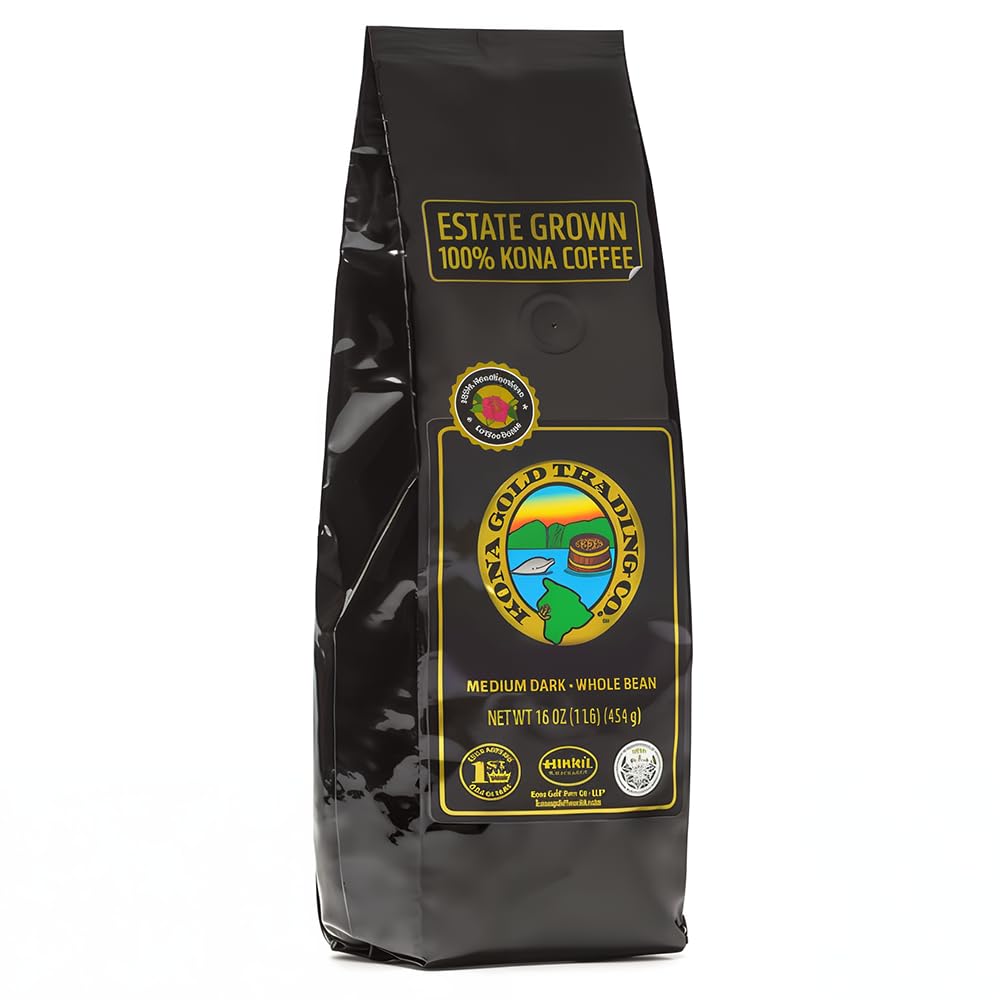 Hawaiian Kona Coffee Whole Bean - 16 oz, Kona Gold Coffee by Kona Gold Rum Co. - Freshly Roasted Medium/Dark Roast Extra Fancy - 100% Kona Coffee | Peach Notes With Creamy Tones