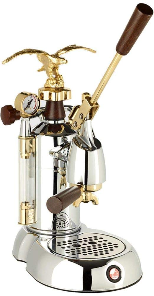 La Pavoni EXP-16 "EXPO" Chrome/Gold Espresso Maker, Makes One or Two Cups At a Time, 38oz. Boiler Capacity, Dual Frothing, Mounted Pressure Gauge, Internal Re-set Switch in Case of Overheating