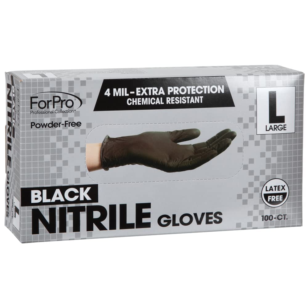 ForPro Professional Collection Disposable Nitrile Gloves, Chemical Resistant, Powder-Free, Latex-Free, Non-Sterile, Food Safe, 4 Mil, Black, Large, 100-Count