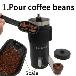 Manual Coffee Grinder for Home Use, Ceramic Burr Hand Crank Automatic Coarseness Stainless Steel Espresso Bean Mill for Travel Camping with Portable Storage Pouch, Easy to Clean Brush Spoon