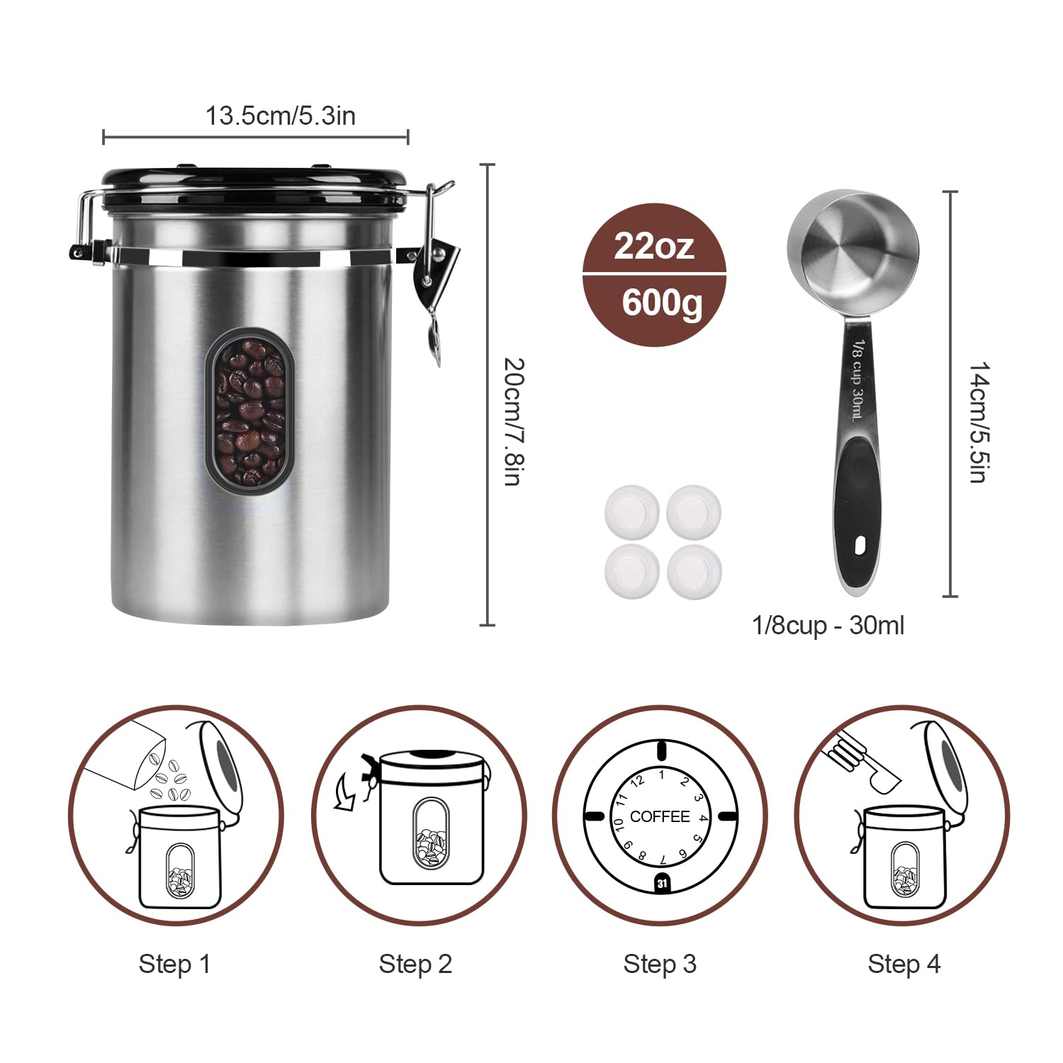 1800ML Airtight Coffee Canister with Date Tracker&Transparent Window, 22.8OZ Coffe Beans Storage with 30ML Measure Spoon&4 co2 Valve, Coffee Container for Grounds Coffee, Beans, Tea, Sugar(Silver)