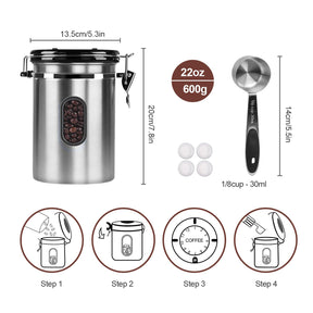 1800ML Airtight Coffee Canister with Date Tracker&Transparent Window, 22.8OZ Coffe Beans Storage with 30ML Measure Spoon&4 co2 Valve, Coffee Container for Grounds Coffee, Beans, Tea, Sugar(Silver)