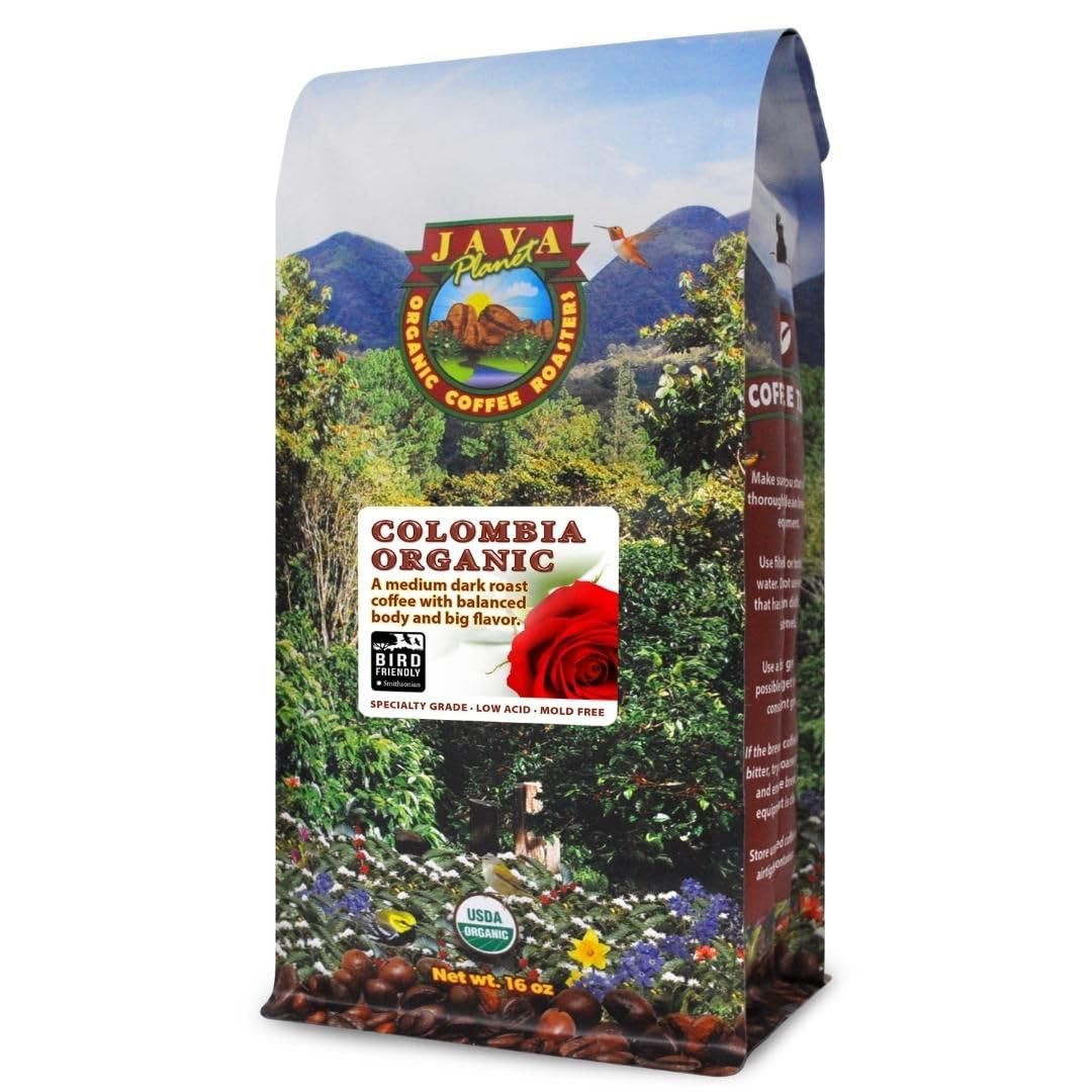 Java Planet Low Acid Coffee, Organic Colombian Single Origin: Whole Bean Medium Dark Roast - Smooth Full Flavored Coffee Bean, 1LB Bag