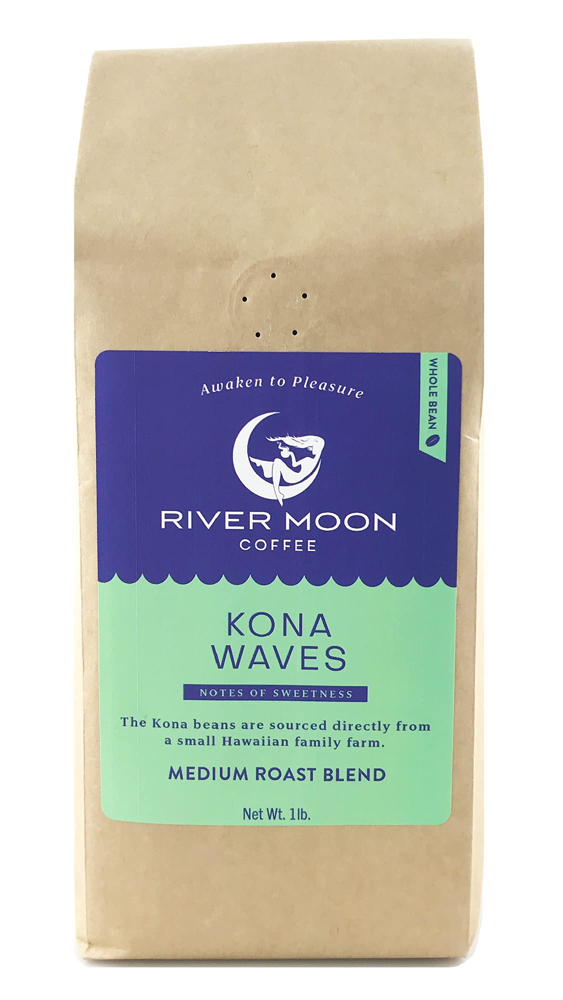 River Moon Coffee, Kona-Kaffee ganze Bohne, mittlere Röstung, 16 Unzen, Kona Waves Hawaiian Blend, nachhaltig angebaut, 100 % Arabica