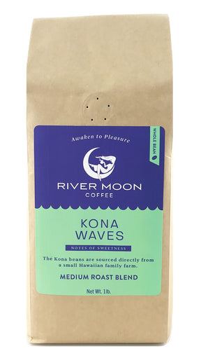 River Moon Coffee, Kona Coffee Whole Bean, Medium Roast, 16 Ounce, Kona Waves Hawaiian Blend, Sustainably Farmed, 100% Arabica