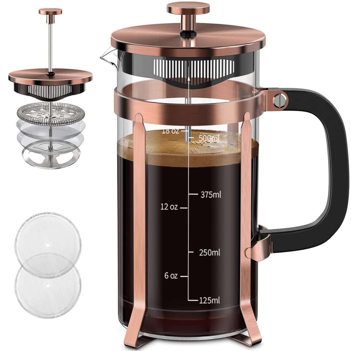 QUQIYSO Kaffeemaschine, French Press aus 304 Edelstahl mit 4 Filtern, hitzebeständig, langlebig, leicht zu reinigen, Kaffeepresse aus Borosilikatglas, 100 % BPA-freie Teekanne, 21 Unzen, Kupfer