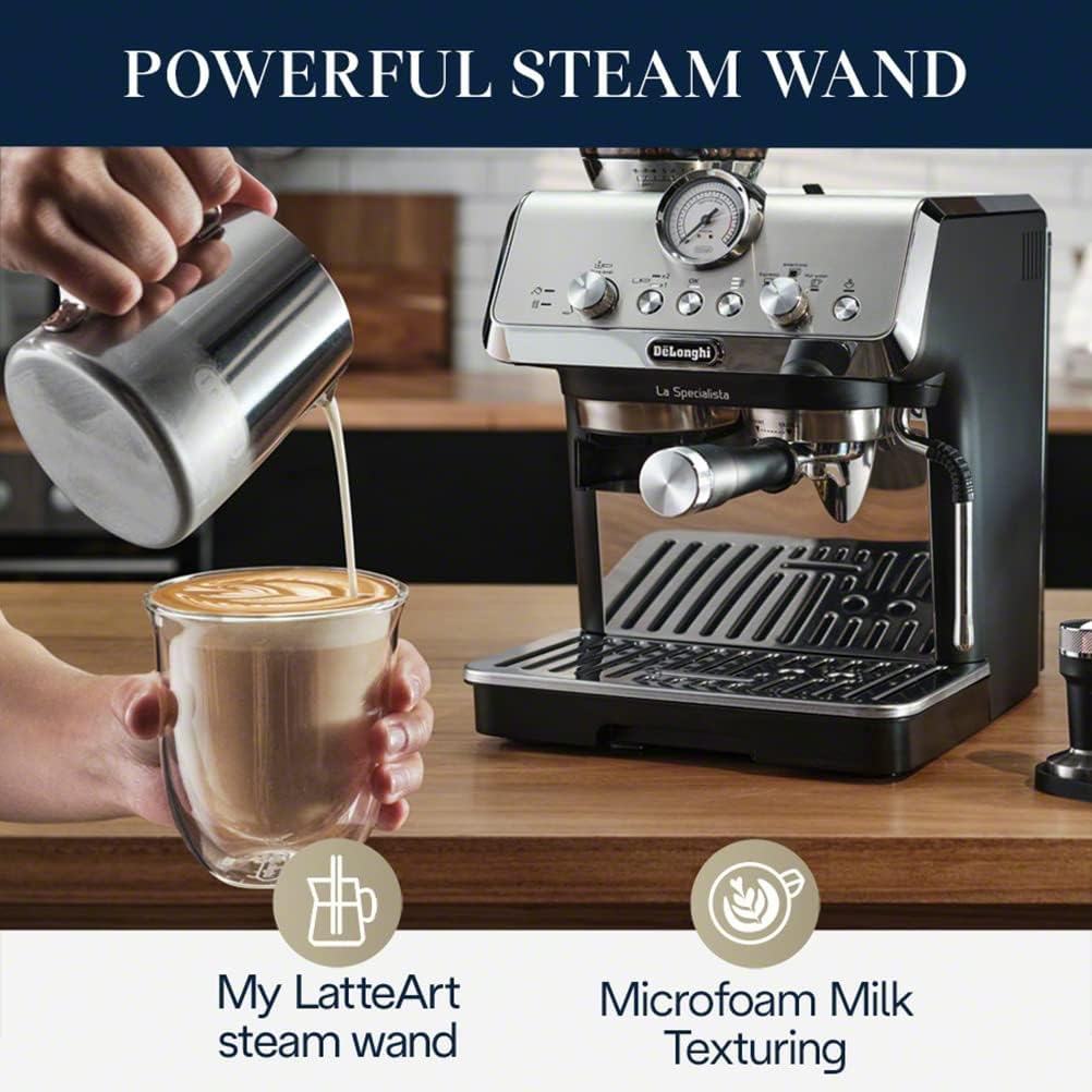 De'Longhi La Specialista Espressomaschine mit Mahlwerk, Milchaufschäumer, 1450 W, Barista-Set – Kaffee- und Cappuccinomaschine mit Bohnenbehälter, Edelstahl, Schwarz