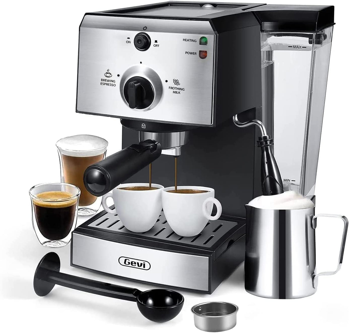 Gevi Manuelle Espressomaschinen, Espressomaschinen, 20 Bar, schnelles Aufheizen, automatische Cappuccino-Kaffeemaschine mit Milchaufschäumer für Espresso, Latte Macchiato, 1,2 l abnehmbarer Wassertank