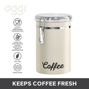 Oggi Stainless Steel Coffee Canister 62 fl oz - Airtight Clamp Lid, Warm Gray, Tinted See-Thru Top - Ideal for Coffee Bean Storage, Ground Coffee Storage, Kitchen Storage, Pantry Storage. 5 x 7.5