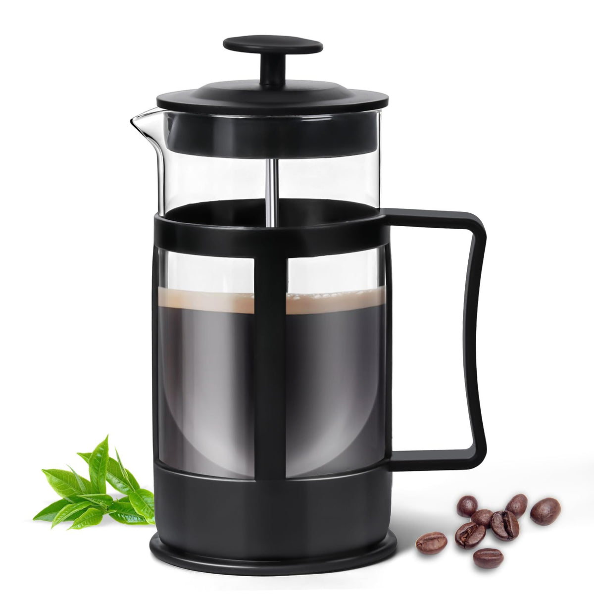 Chiallco Mini-Kaffeemaschine mit französischer Presse, hitzebeständiges, verdicktes Borosilikatglas, klassische Kaffeepresse aus Edelstahl, 12 oz, erhitzebare Kaltbrüh-Kaffeekanne, Teepresse für Küche, Reisen und Camping, Schwarz