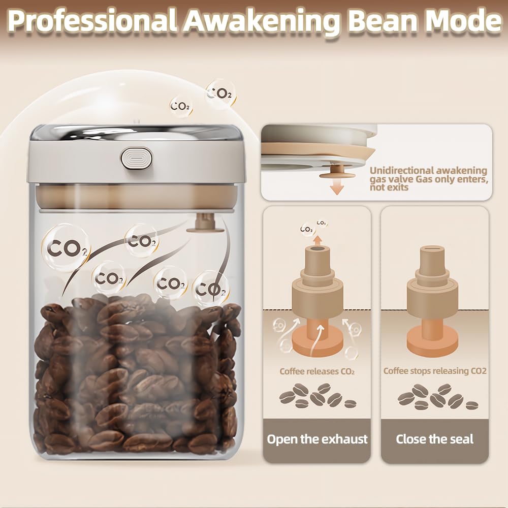 Aerbee Coffee Bean Canister, Food Grade Coffee Bean Sealed Jar with Date Tracker and Waking Bean Valve, Vacuum Food Storage Containers for Beans, Grain, Snack, Sugar, Tea (1.1L)