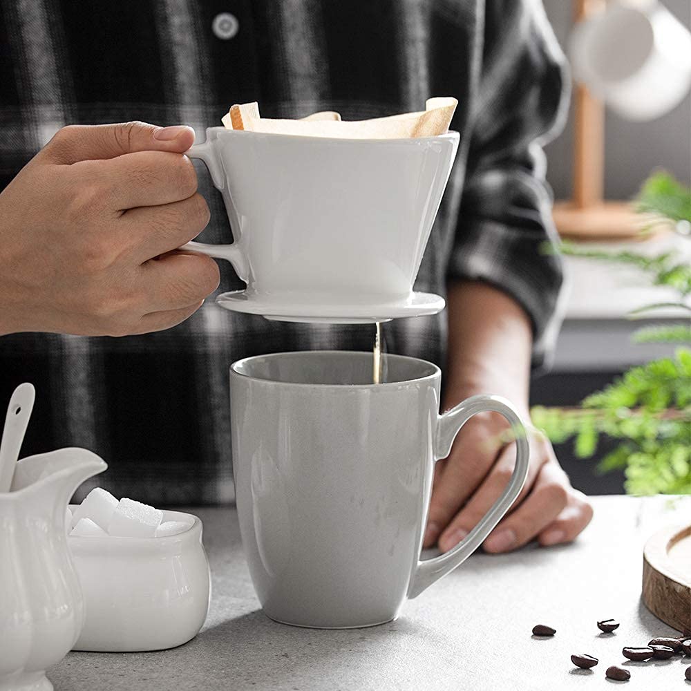 DOWAN Pour-Over-Kaffeemaschine, nicht elektrischer Pour-Over-Kaffeefilter, manuelle Brühmaschine, Einzeltassen aus Porzellan, Zubehör für langsames Brühen als Geschenk, weiß