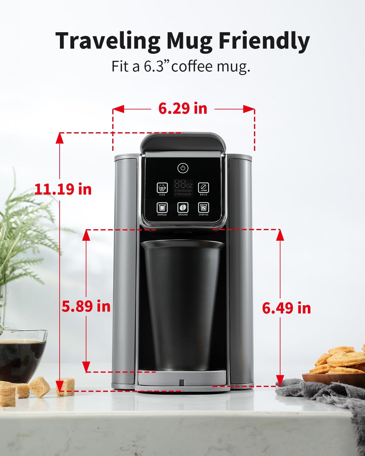 KIDISLE Heiß- und Eiskaffeemaschine mit Bold-Einstellung, Einzelportionskaffeemaschine für K-Cup und Kaffeesatz, Brühgrößen von 6–14 oz, abnehmbarer 50 oz-Wassertank, Ein-Tassen-Kaffeemaschine mit wiederverwendbarem Filter, grau