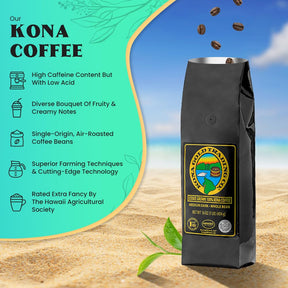 Hawaiian Kona Coffee Whole Bean - 16 oz, Kona Gold Coffee by Kona Gold Rum Co. - Freshly Roasted Medium/Dark Roast Extra Fancy - 100% Kona Coffee | Peach Notes With Creamy Tones