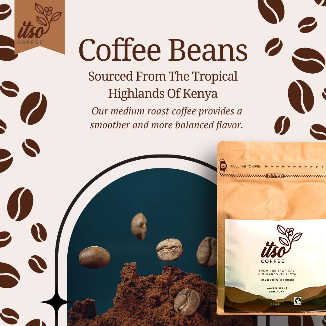 Premium Kenyan Dark Roast Arabica Coffee Beans | Specialty Single Origin Whole Bean | Rich Flavor for Espresso and Cold Brew | Freshly Roasted 250g Bag