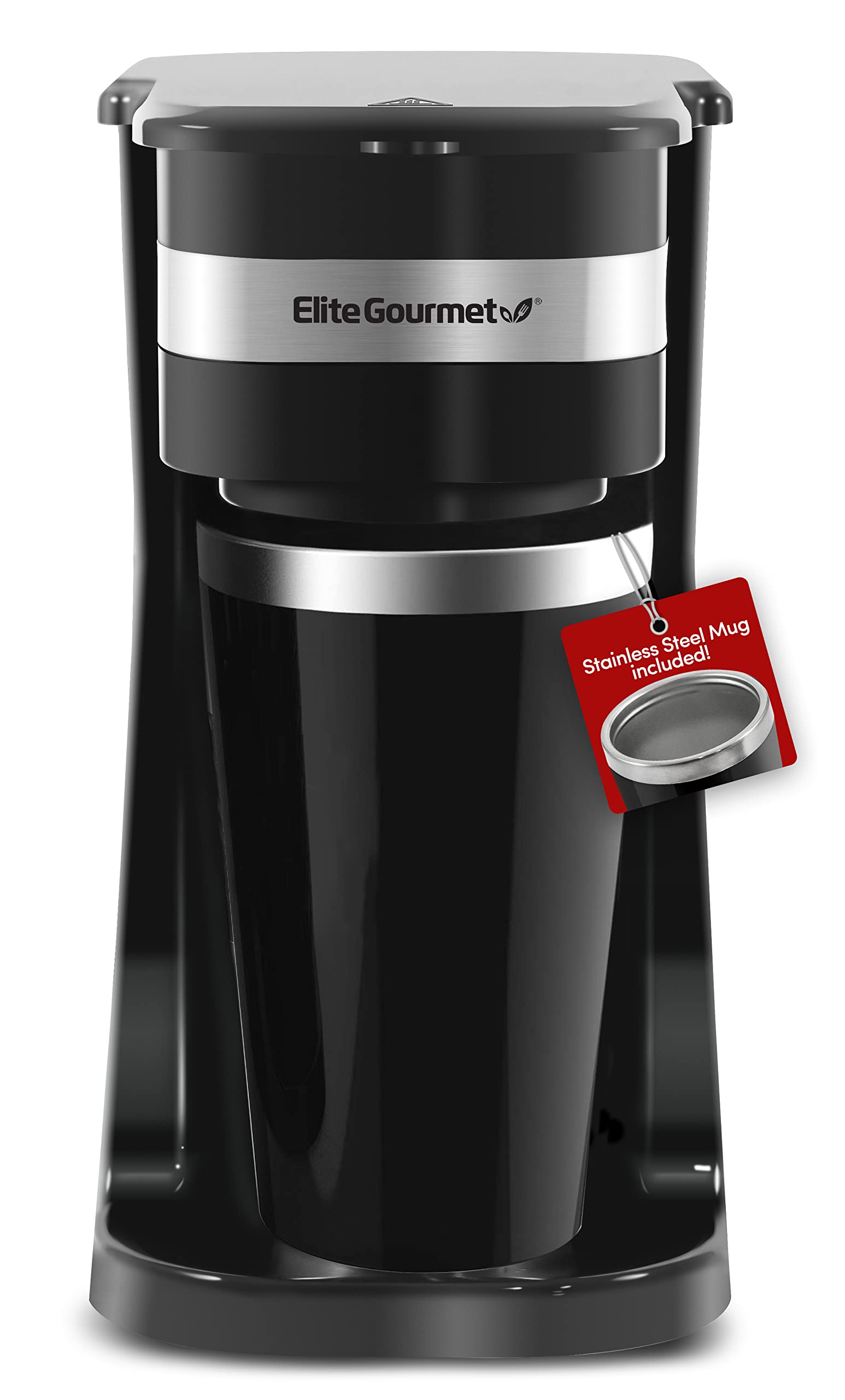 Elite Gourmet EHC114 Persönlicher Einzelportions-Kaffeebereiter mit kompaktem Brüher, inkl. 14 oz. Thermo-Reisebecher mit Edelstahl-Innenseite, für Kaffeesatz geeignet, wiederverwendbarer Filter, schwarz