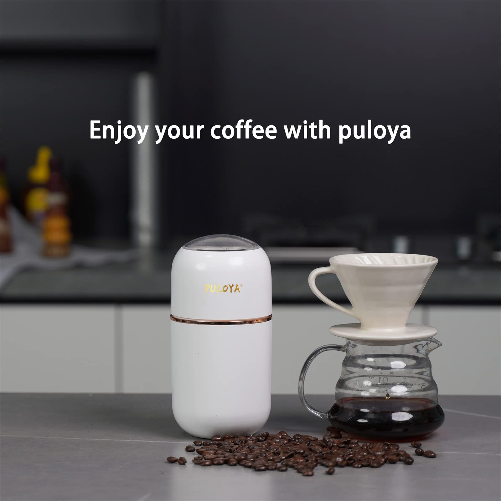 PULOYA Kaffeemühle, elektrisch, für Bohnen, Gewürze, Kräuter, Getreide und Nüsse, Klingen aus Edelstahl, 2,8 oz, weiß