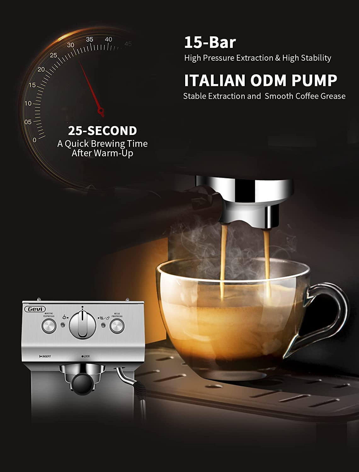 Gevi Espressomaschine, 15 Bar Pumpendruck, Cappuccino-Kaffeemaschine mit Milchaufschäumer, Dampfdüse für Latte, Mokka, Cappuccino, 1,5 l Wassertank, 1100 W, schwarz