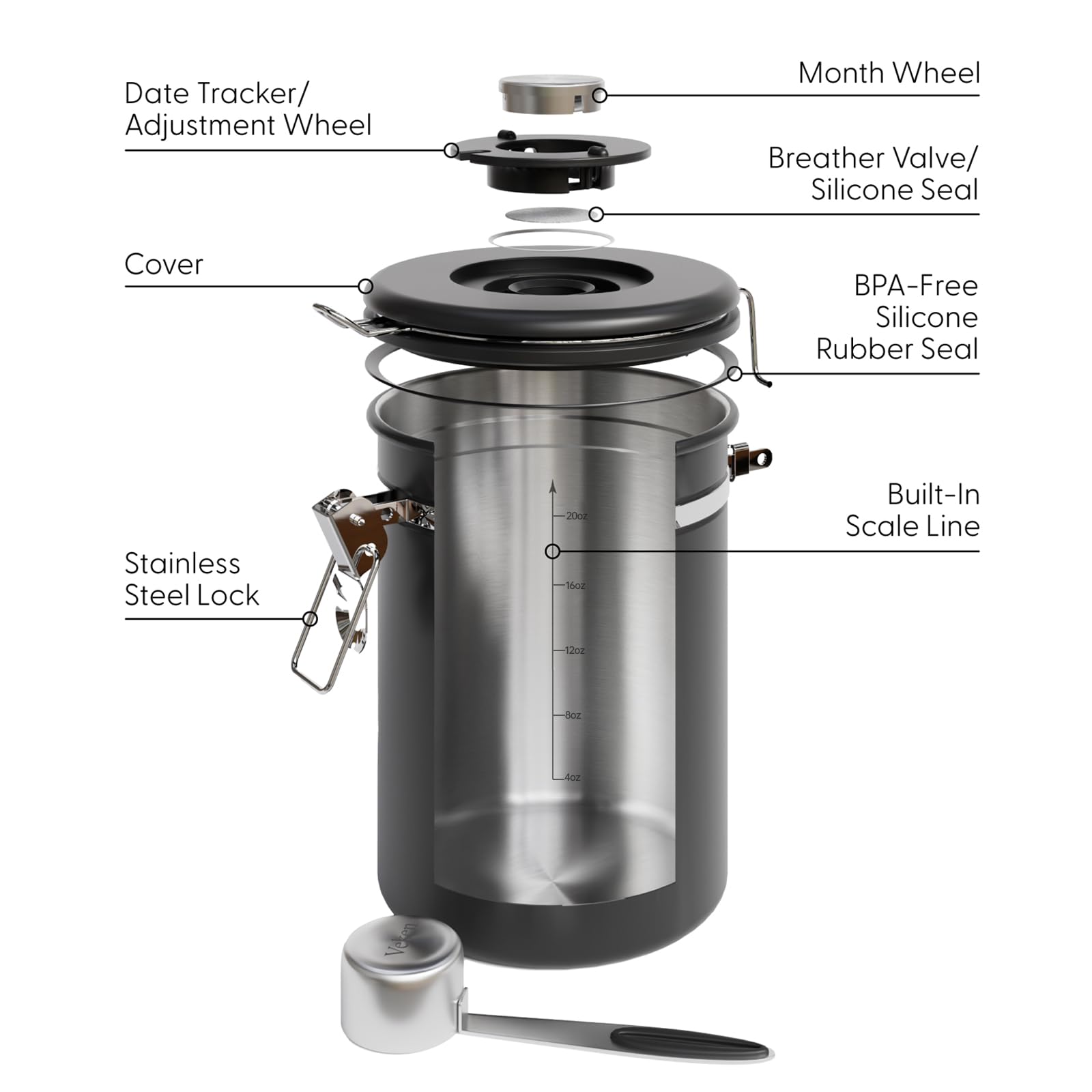 Veken Kaffeedose mit Fenster, luftdichter Edelstahl-Lebensmittelbehälter zur Aufbewahrung von Lebensmitteln in der Küche, Datumsanzeige und Schaufel für Kaffeesatz, Barzubehör, Bohnen, Tee, Mehl, Müsli, Zucker, 22 oz, schwarz