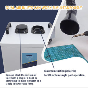 FumeClear FC-2003 Rauchabzug mit zwei Anschlüssen für 20 W und 30 W Lasergravur, geräuscharm, starke Saugleistung 330 m³/h, 3-stufiges Filtersystem mit 12 Filtern für Lötarbeiten, DTF-Drucker und Schönheitssalons