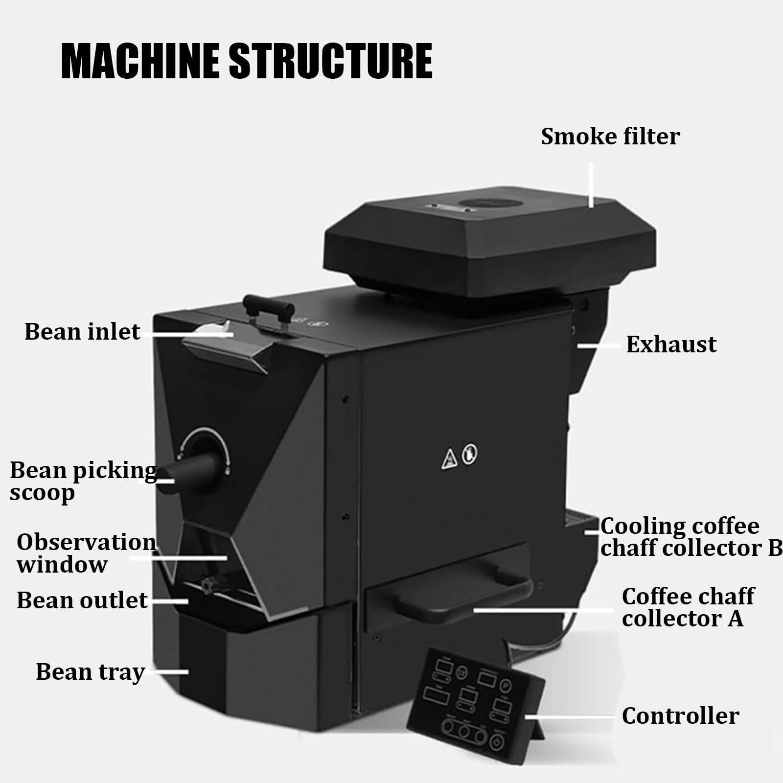 Dandanm Elektrischer Kaffeebohnenröster, gewerblicher Röster, elektrische Kaffeebohnenröstmaschine, mit Rauchfilter + Spreuauffangbehälter