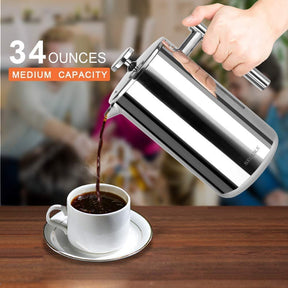 Secura French Press Kaffeemaschine, isolierte Kaffeepresse aus Edelstahl 304 mit 2 zusätzlichen Sieben, 34 oz (1 Liter), Silber