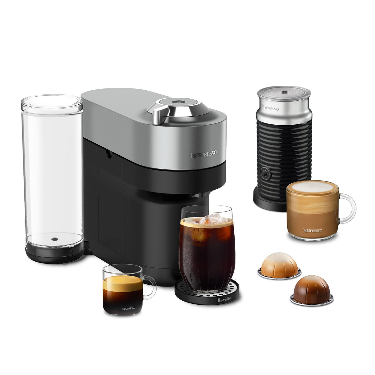 Nespresso Vertuo Pop+ Deluxe Kaffee- und Espressomaschine von Breville mit Milchaufschäumer, Titan