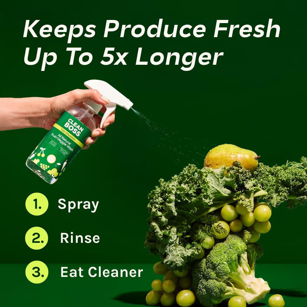 CleanBoss Eat Cleaner Triple-Action Fruit + Veggie Wash - 12 oz, Pack of 3 - Removes Harmful Residue - Keeps Produce Fresh Up to 5X Longer - Includes One Trigger - Vegan, Gluten Free - Improved Nozzle