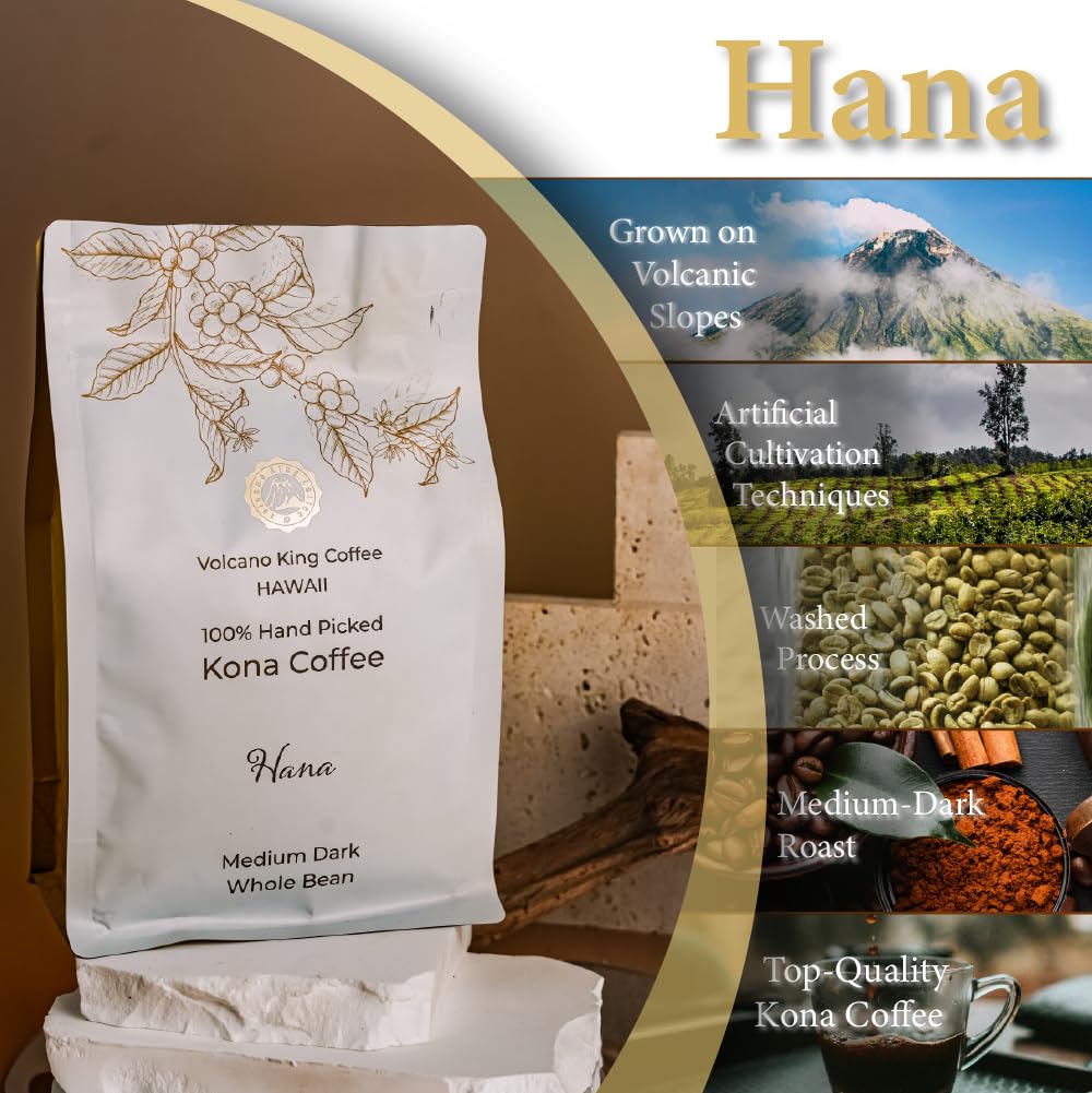 Volcanoking Coffee Hana Hawaiian whole bean coffee, 100% Kona coffee beans Medium Dark Roast - Gourmet Kona Coffee From Hawaii's Largest Coffee Growe, Great for Espresso, Drip or French Press, 100% Arabica coffee beans（7.05 Ounces）,Coffee Grounds with S