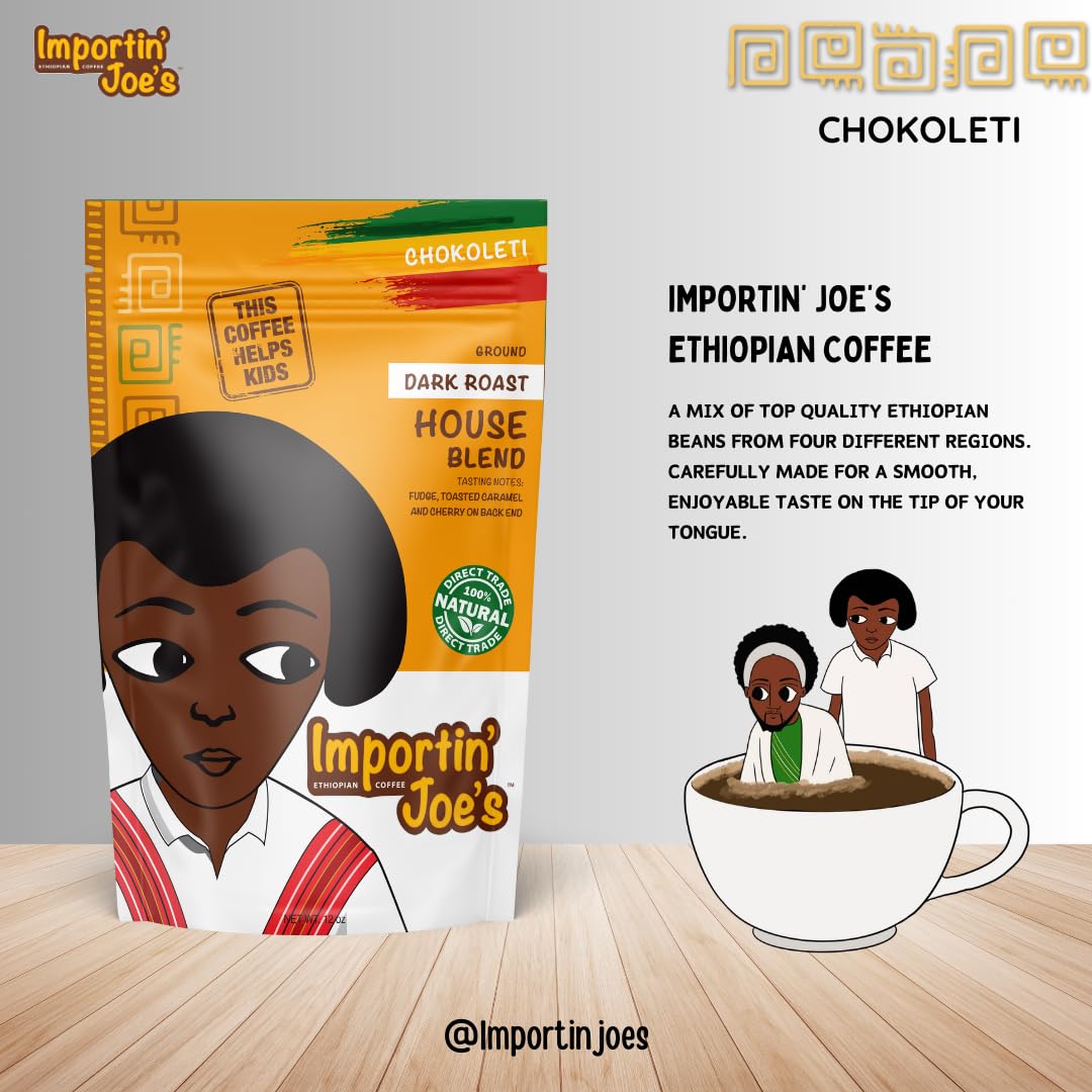 Importin' Joe's Ethiopian Coffee, Whole Bean, Direct Trade Low Acid Single Origin Gourmet,12 ounce, Chokoleti