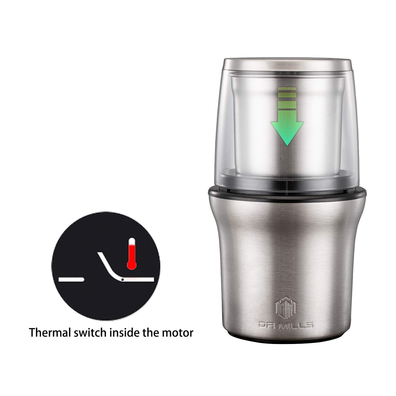 DR MILLS DM-7412M Stainless Steel Electric Dried Spice and Coffee Grinder,2 in 1 Wet and Dry, Removable Cups, Dishwasher Safe