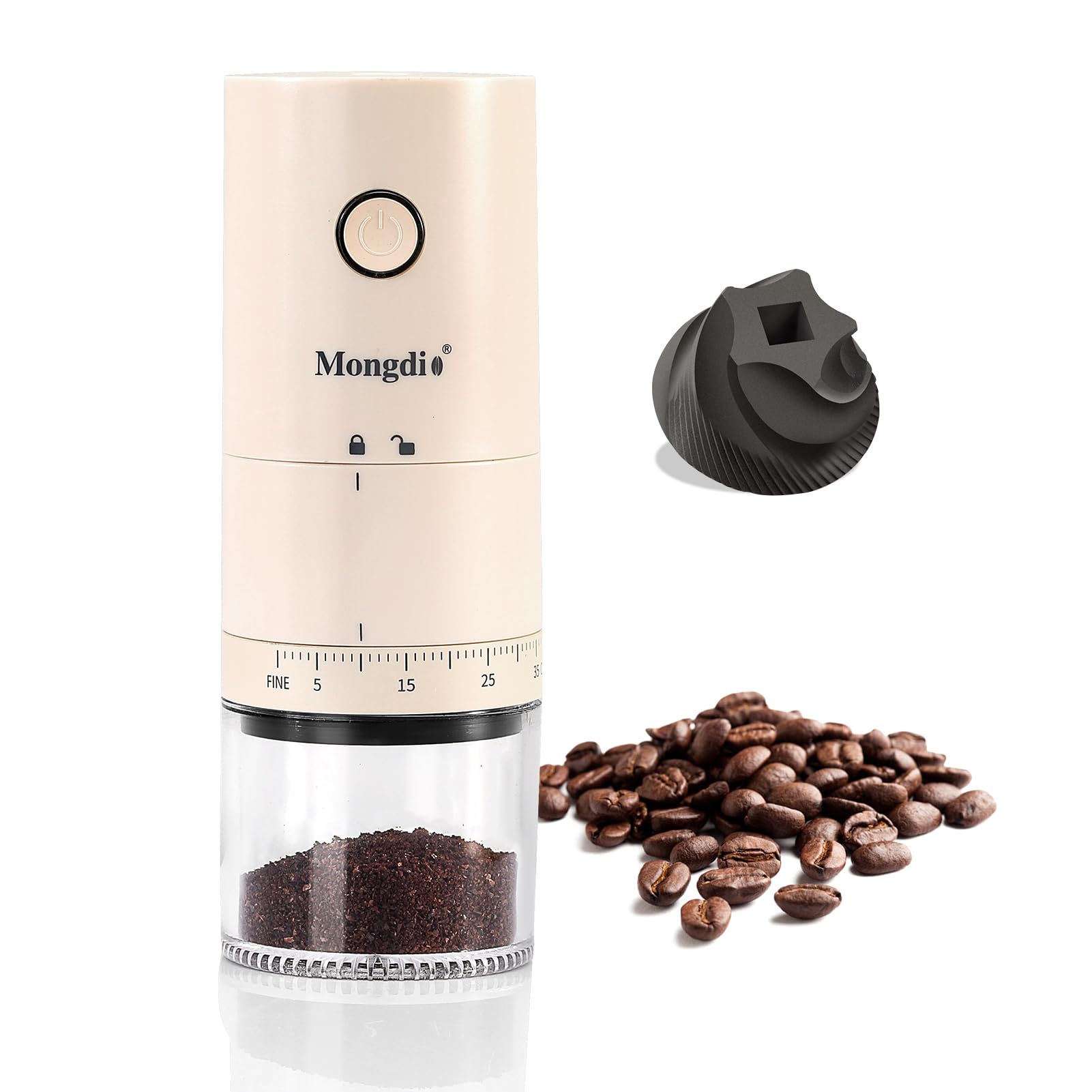 Mongdio Portable Electric Coffee Bean Grinder with 38 Adjustable Settings, Rechargeable Coffee Grinders for Home Use, Coffee Grinder for Travel - White