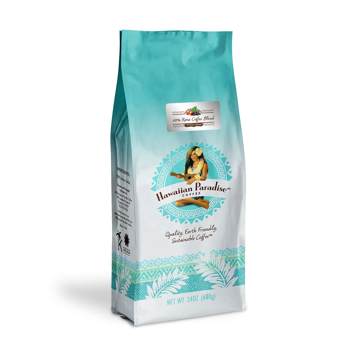 Hawaiian Paradise Coffee 10% Kona Roast Whole Bean 24oz. Bag - Premium Rich Flavored Bold Signature Brewed – 100% Arabica Gourmet Finest Beans