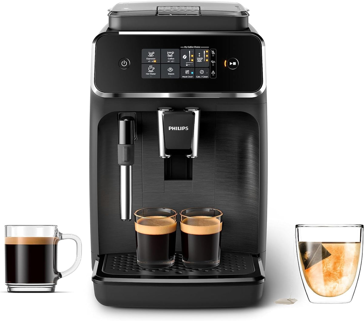 PHILIPS 2200 Series Espressovollautomat, klassischer Milchaufschäumer, 2 Kaffeesorten, intuitives Touch-Display, 100 % Keramikmahlwerk, AquaClean Filter, Aromaversiegelung, schwarz (EP2220/14)