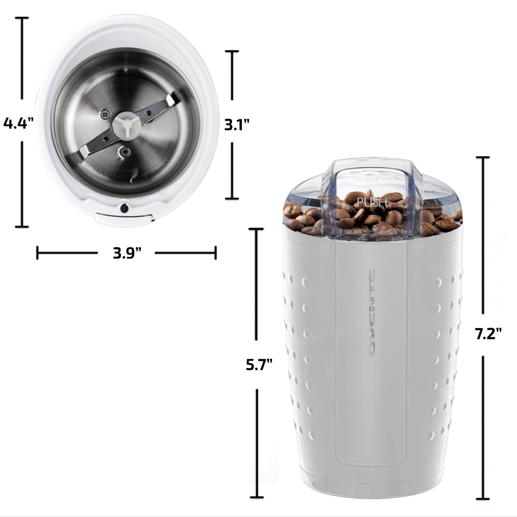 OVENTE Electric Coffee Grinder - Small Portable & Compact Grinding Mill with Stainless Blade for Bean Spices Herb and Tea, Perfect for Home & Kitchen - White CG225W