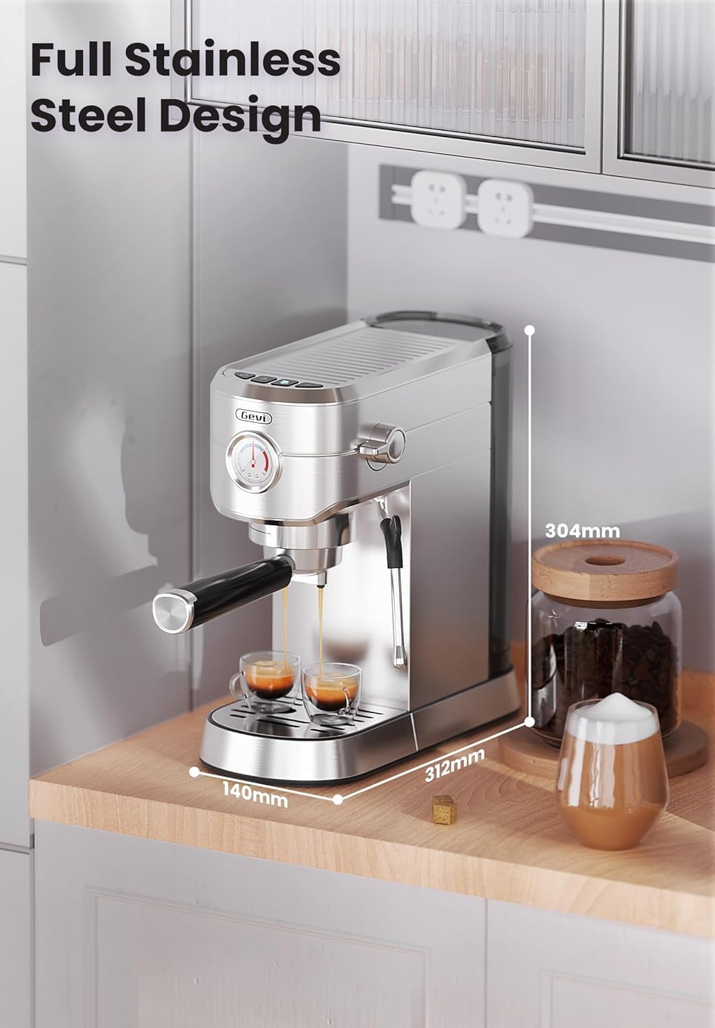 Gevi Espressomaschine 20 Bar, Professionelle Espressomaschine Latte Maschine mit Milchaufschäumer, Edelstahl-Espresso-Kaffeemaschinen für Zuhause, Kompakte Cappuccino-Maschine, Tolle Geschenkidee, Silber