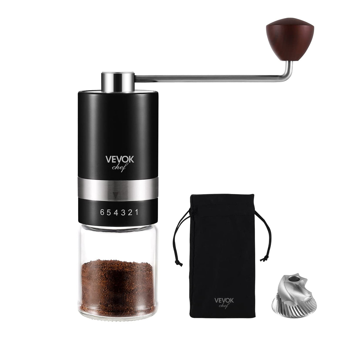 VEVOK CHEF Manuelle Kaffeemühle, Handkaffeemühle, 6 externe einstellbare Einstellungen, Edelstahl, konische Mahlwerk-Kaffeemühle, tragbare Handkurbel-Kaffeebohnenmühle, fein für Espresso