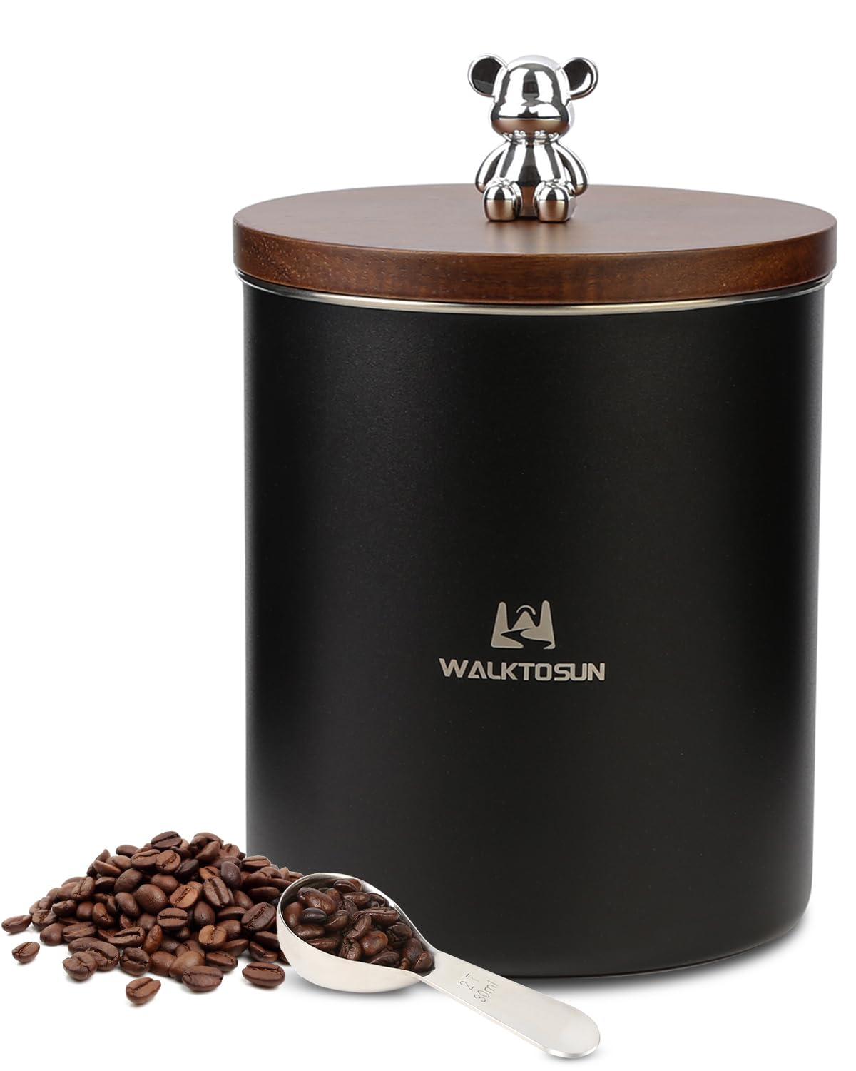 Walktosun Kaffeedosen, luftdichter Lebensmittelbehälter mit Holzdeckel, versiegelte Kaffeedosen aus Edelstahl mit Schaufel für Tee, braunen Zucker, Mehl (1400 ml, schwarz mit Löffel)