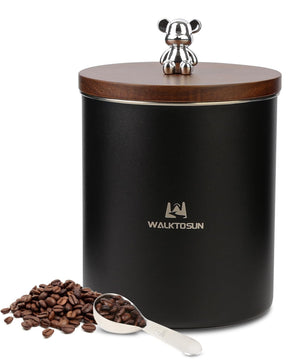 Walktosun Coffee Canisters Airtight Food Storage Container with Wooden Lid Seal Coffee Canisters Stainless Steel Jar with Scoop for Tea, Brown Sugar, Flour (1400ML,Black With Spoon)