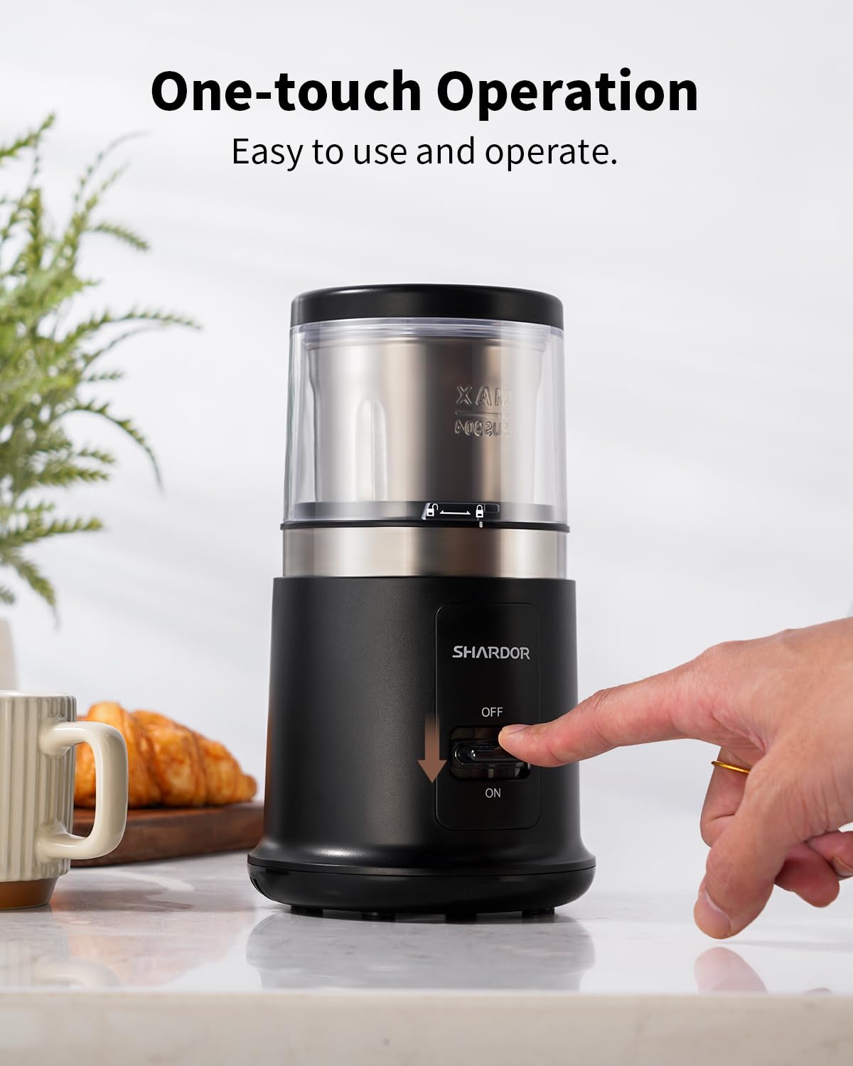 SHARDOR One Touch Kaffeemühle elektrisch, Gewürzmühle, Kräutermühle, Mühle für Kaffeebohnen, Gewürze und Samen mit 1 abnehmbaren Edelstahlschüssel, Trockenmühle, Schwarz