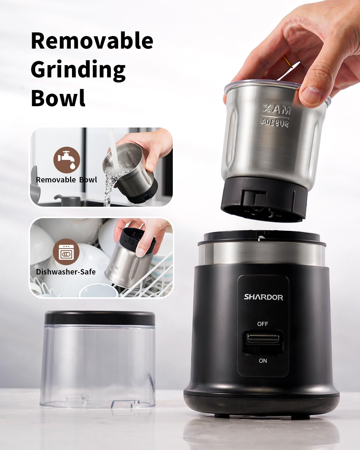 SHARDOR One Touch Kaffeemühle elektrisch, Gewürzmühle, Kräutermühle, Mühle für Kaffeebohnen, Gewürze und Samen mit 1 abnehmbaren Edelstahlschüssel, Trockenmühle, Schwarz