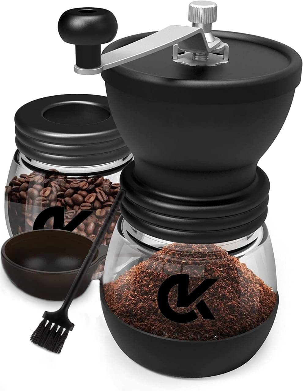 COOLKITS Manual Coffee Grinder with Ceramic Burrs, Hand Coffee Mill with TWO Glass Jars(11oz each), Coffee Bean Grinder with Brush and a Spoon Scoop