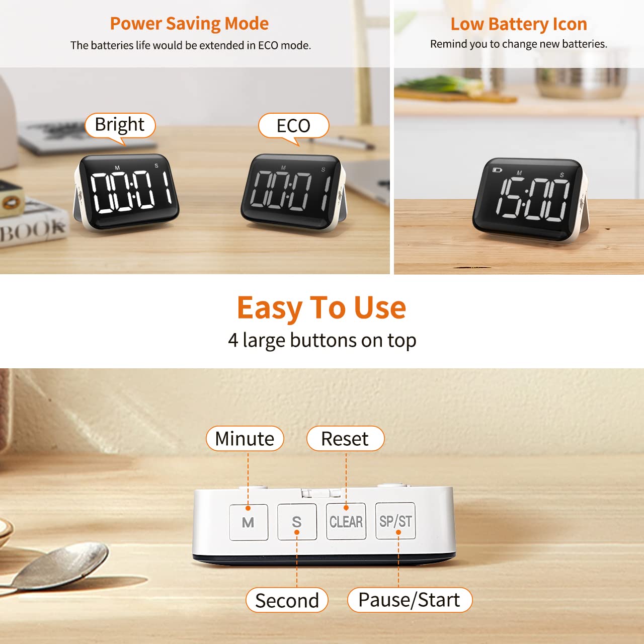 VOCOO Magnetic Kitchen Timer for Cooking with Count Up Countdown, Digital Timer Battery Powered with Large Display, 2 Brightness and Volume Levels for Classroom, Teacher, Kids