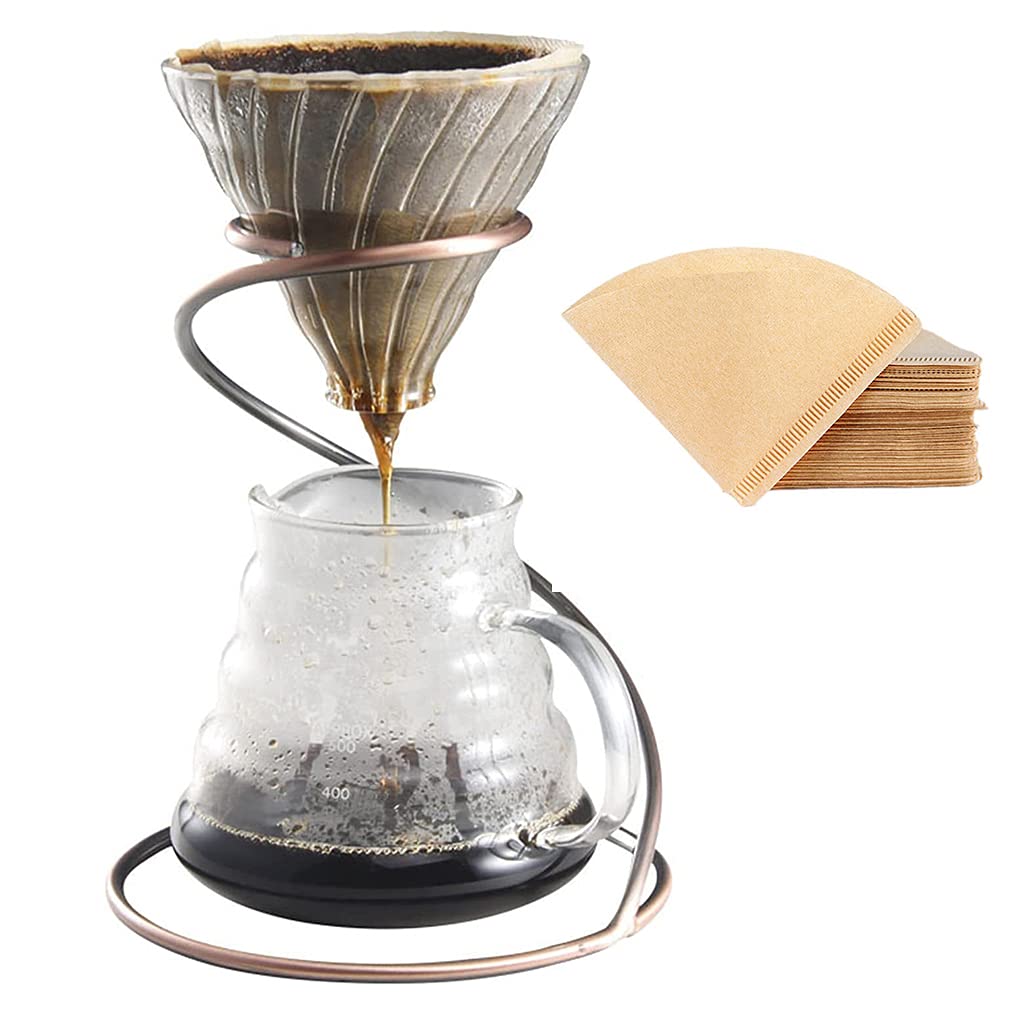 Pour-Over-Kaffeebereiter-Set – Enthält einen Kaffeefilter aus Glas, einen Filterständer aus Metall, eine hitzebeständige 600-ml-Kaffeekanne und 40 Papierkaffeefilter, 4-in-1-Set für Zuhause oder das Büro (Bronze-Set)