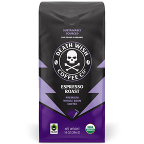 Death Wish Coffee Co. Whole Bean Espresso Roast - Organic, Fair Trade, Arabica and Robusta Coffee Beans, 14 ounce (Pack of 1)