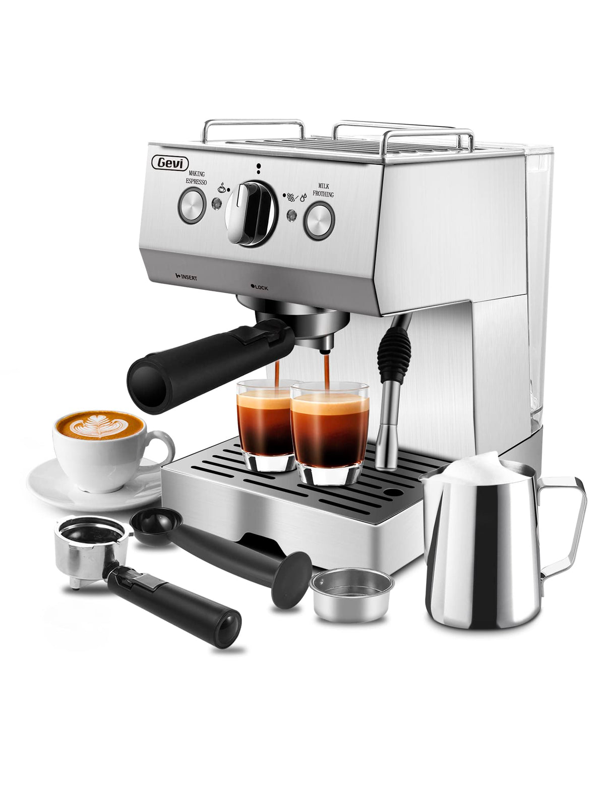 Gevi Espressomaschine, 15 Bar Pumpendruck, Cappuccino-Kaffeemaschine mit Milchaufschäumer, Dampfdüse für Latte, Mokka, Cappuccino, 1,5 l Wassertank, 1100 W, schwarz