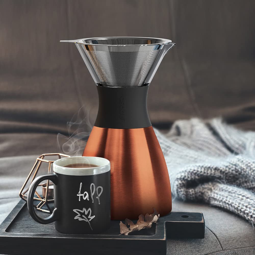 Isolierter Pour-Over-Kaffeebereiter von asobu (32 oz.) mit doppelwandigem Vakuum, Edelstahlfilter und Karaffe zum Mitnehmen (Kupfer)